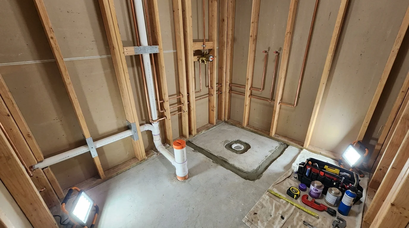 Bathroom rough-in plumbing during remodel by Johns Plumbing LLC in Evadale
