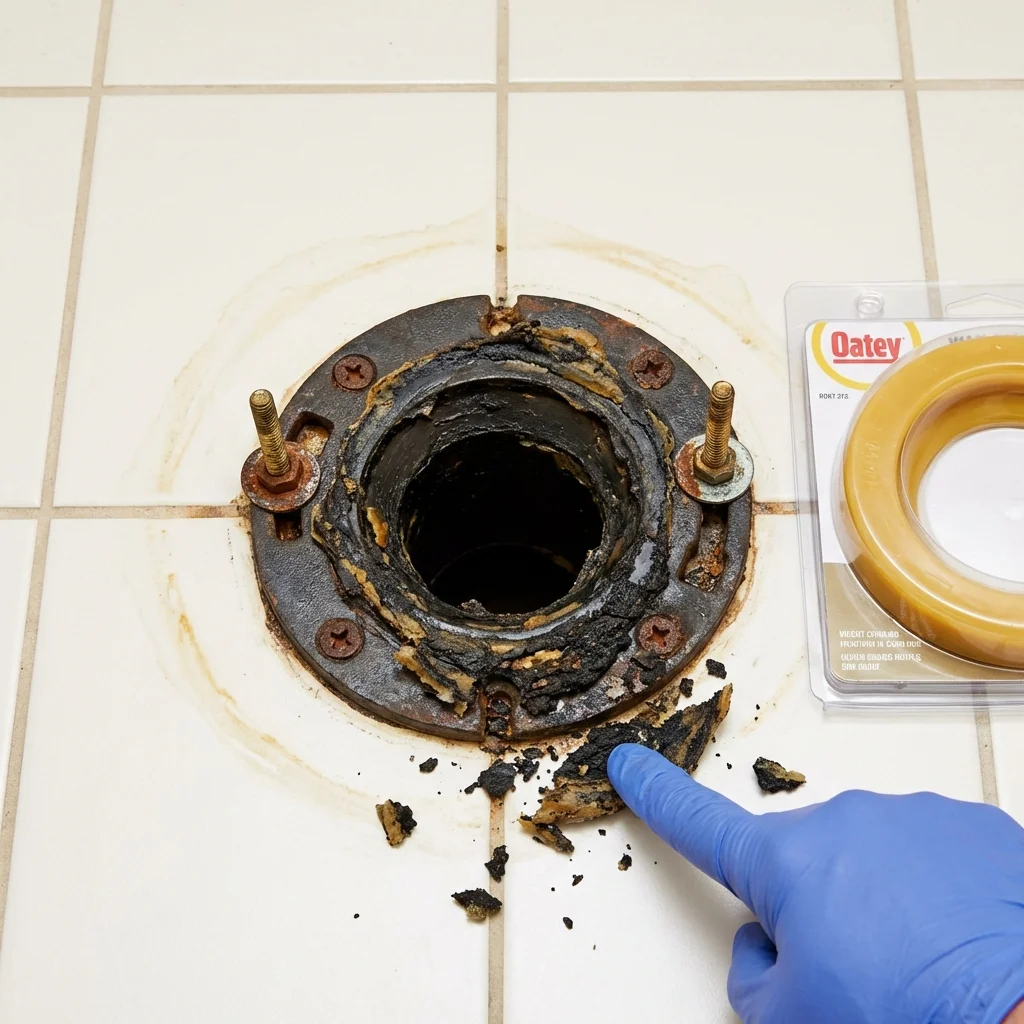 Failed wax ring showing water seepage at the base of a toilet in a Evadale, TX home