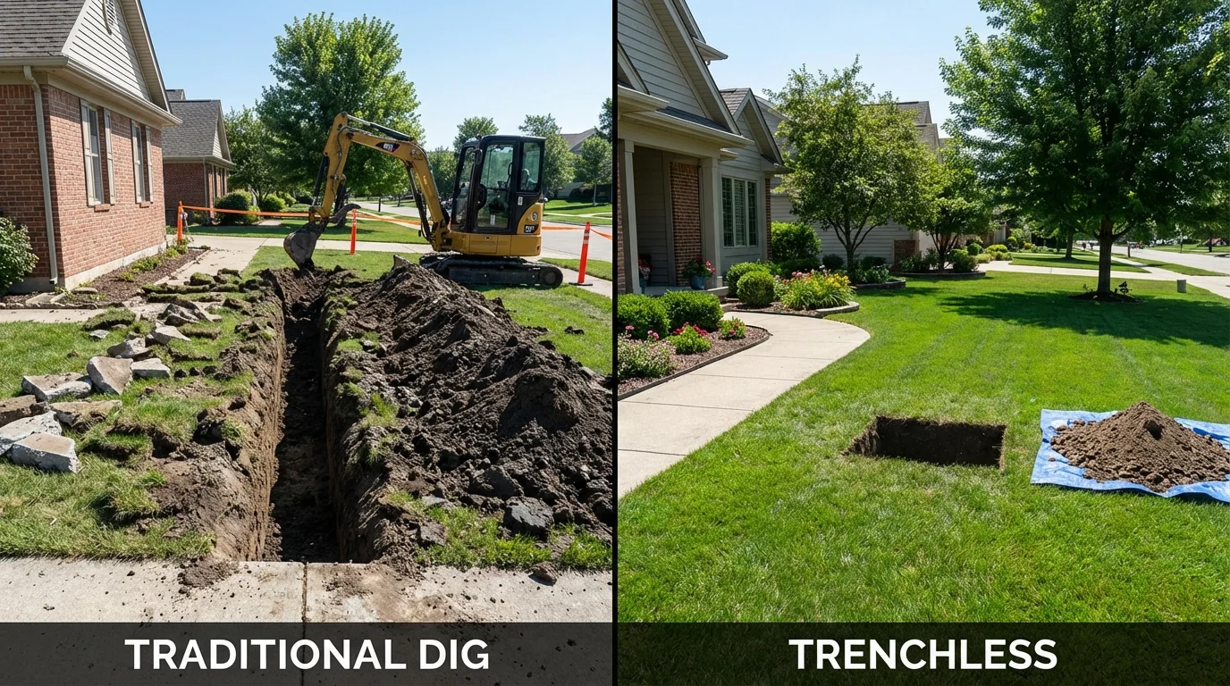 Trenchless sewer repair with minimal yard damage versus traditional excavation in Evadale, TX