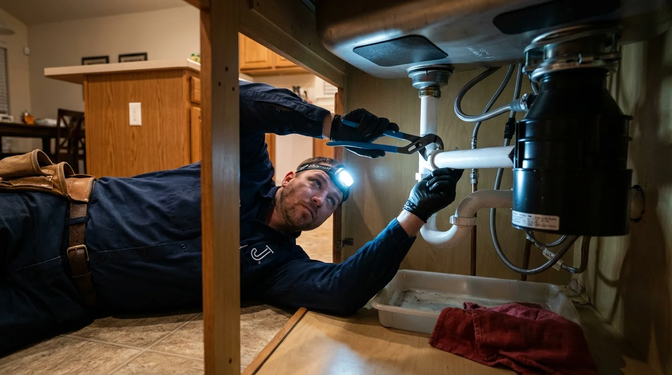 P-trap and supply line connections under a kitchen sink showing a common leak point in Evadale, TX